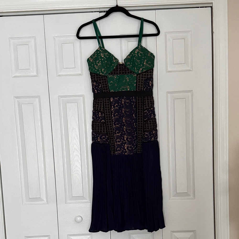 Self-Portrait Green and Navy Mixed-Print Midi Dress